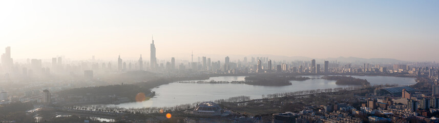 Nanjing, China. Severe air pollution and smog make the city's buildings hard to see