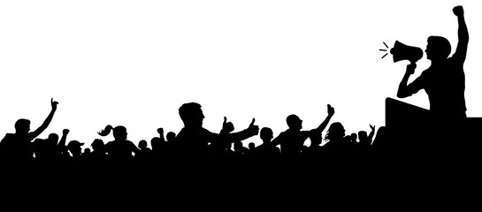 Fototapeta na wymiar Crowd of people silhouette vector. Anonymous heads. Speaker, loudspeaker, orator, spokesman. Applause of a cheerful people mob. Sports fans. Demonstration, protest. Meeting of people