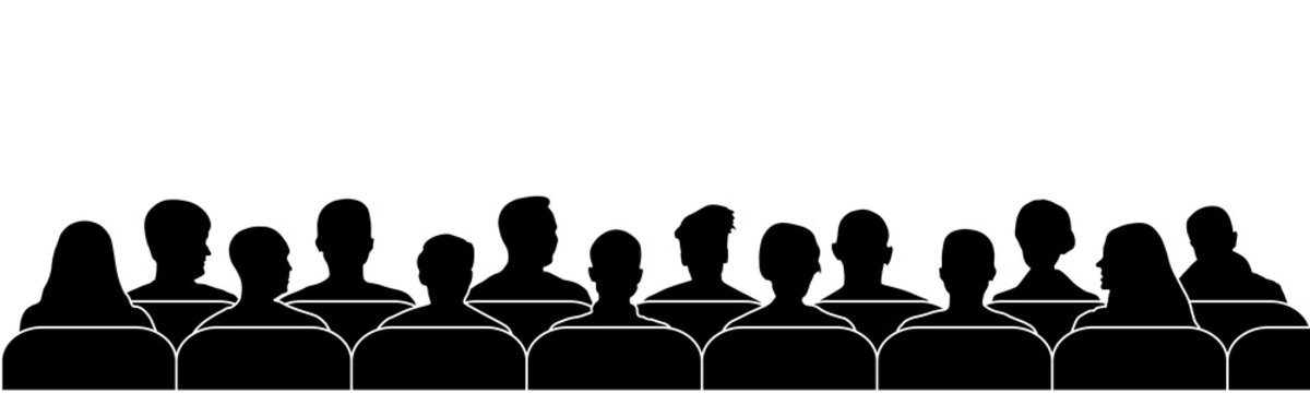 Audience cinema, theater. Public presentation anonymous faces. Crowd of people in the auditorium, silhouette vector isolated