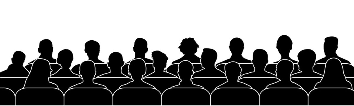Crowd of people in the auditorium. Audience cinema, theater. Public presentation, anonymous faces. silhouette vector isolated