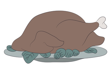 Vector illustration of roasted turkey or grilled chicken with spices and vegetables, tomatoes, lettuce, olives, isolated on background. Thanksgiving day