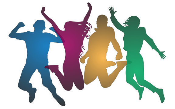 Youth in a jump colored. Cheerful man and woman isolated. Jumping friends. Vector silhouette