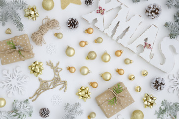 Christmas background gold flat lay