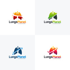 Set of Lungs Planet logo designs concept vector, Lungs shield logo, Lungs Care logo template