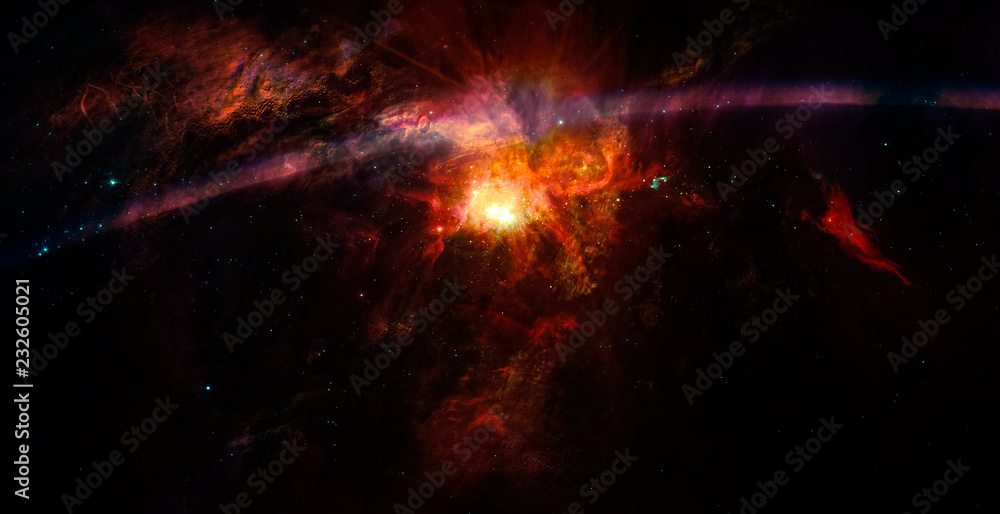 Poster space background with nebula and stars and flash lens flare for use with projects on science, resear