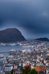Norwegian great city view to Alesund with coast and stunning sun impressions
