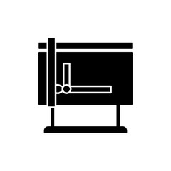 Black & white vector illustration of drafting machine table with drawing board. Flat icon of instrument for architect, engineer, draftsman. Technical & mechanical drawing tool. Isolated object