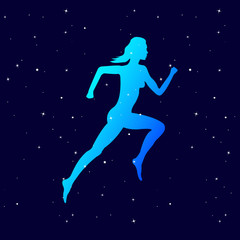 Fototapeta na wymiar transparent silhouette of a running girl against the starry sky