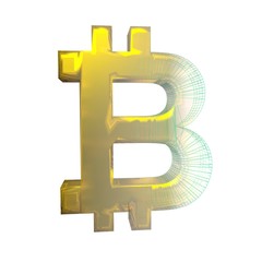 Bitcoin sign, gold turns into a green grid on a white background. 3D illustration