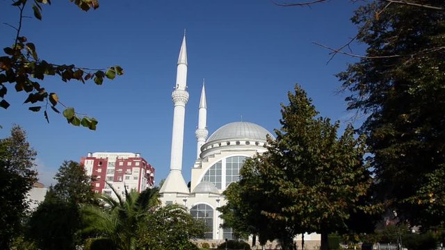 Mosque, Xhamia e Madhe. Center of Shkoder city in north Albania. People, street, landmarks and architecture in Shkodra.