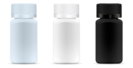 Square medicine bottles. Pharmaceutical containers for pills, capsules, drugs. Medical jar vector mockup. EPS10 illustration.