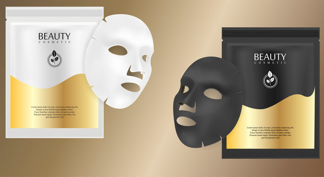 Black and white facial cosmetic mask ads. Realistic vector illustration. Individual sachet package design with label and logo for face mask isolated on metallic background.