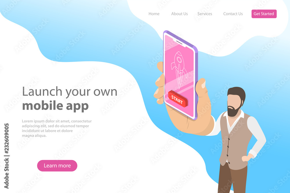 Poster flat isometric vector landing page template for mobile app launch, startup idea, mobile development.