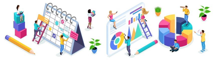 Isometric set of people and business icons on a white background. People in the process of work, teamwork, planning, business strategies, beginning entrepreneurs