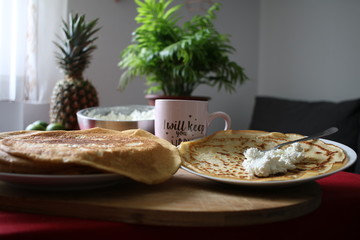 enjoying some homemade cottage cheese pancakes