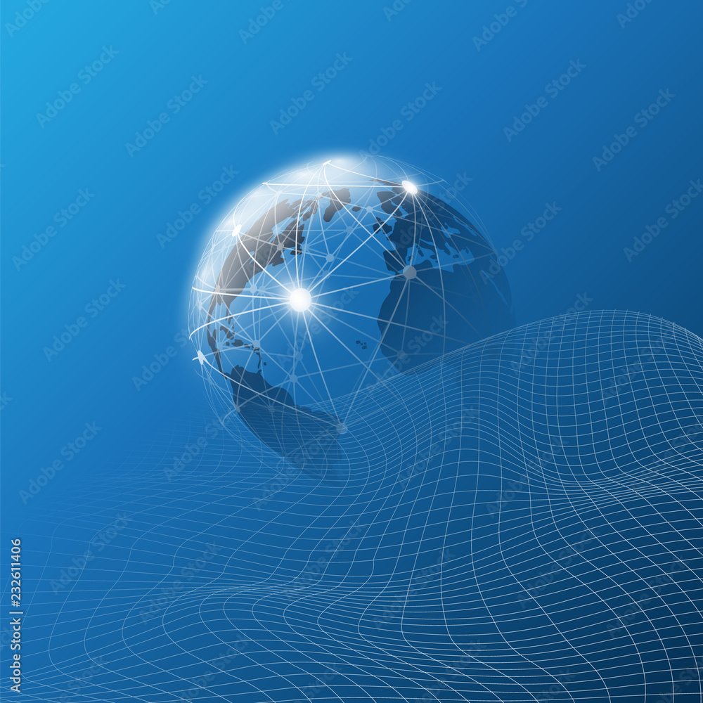 Poster futuristic global technology, networking and cloud computing design concept with earth globe and 3d 