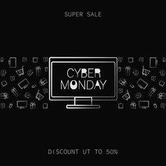 Monitor with an inscription CYBER MONDAY. SUPER SALE. Deal offer. White signs arranged. Inscription design template with contrasting signs, black and white poster. Concept of sales notice, e-commerce