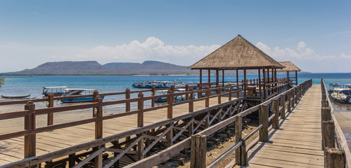 Panorama of a wooden jetty at the Bali Barat National Park, Indonesia