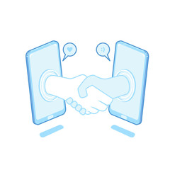 Handshake phone to phone deal with technology illustration of business or individual cooperation in light blue outline style