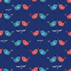Romantic pattern on a blue background. Colorful doodle bird seamless pattern. Collection of flat hand drawn birds. Cute background for textile print, wrapping paper, wall art design. inscription love