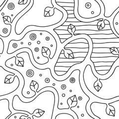 Seamless vector black and white hand drawn pattern with branch, leaves, dots. Abstract infinite tree. Graphic colorless illustration. Print for fabric, background, wallpaper, packeging, wrapping