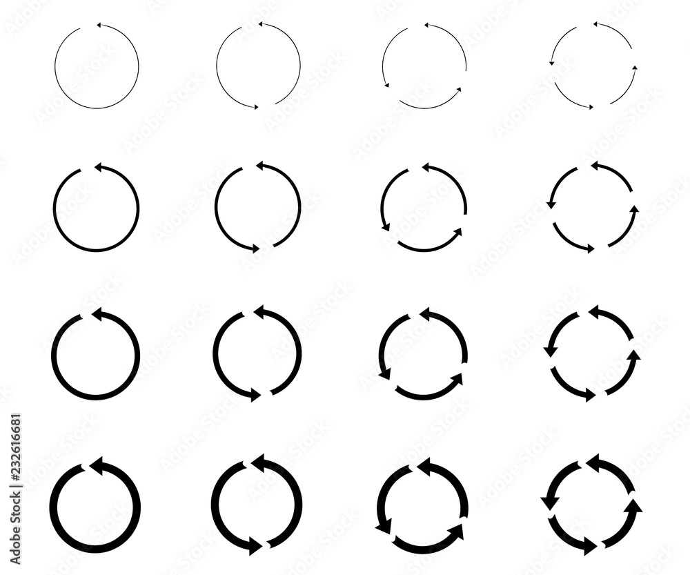 Aufkleber 16 arrow pictogram refresh reload rotation loop sign set. circular arrows. simple web icon on white 