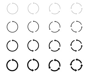 16 arrow pictogram refresh reload rotation loop sign set. circular arrows. Simple web icon on white background. Modern contemporary solid plain flat minimal style. 