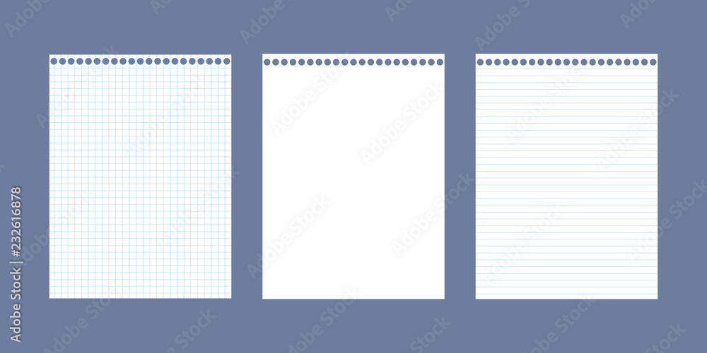Poster set of three realistic vector illustration of blank sheets of square and lined paper from a block is
