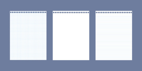 Set of three realistic vector illustration of blank sheets of square and lined paper from a block isolated on background 