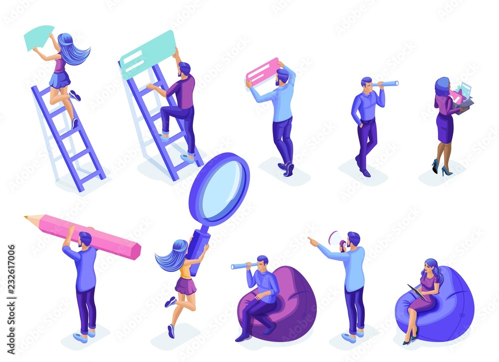 Poster isometrics set of people in motion, work. isolated characters on a white background. emotional chara