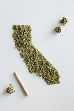 Silhouette of California made from marijuana