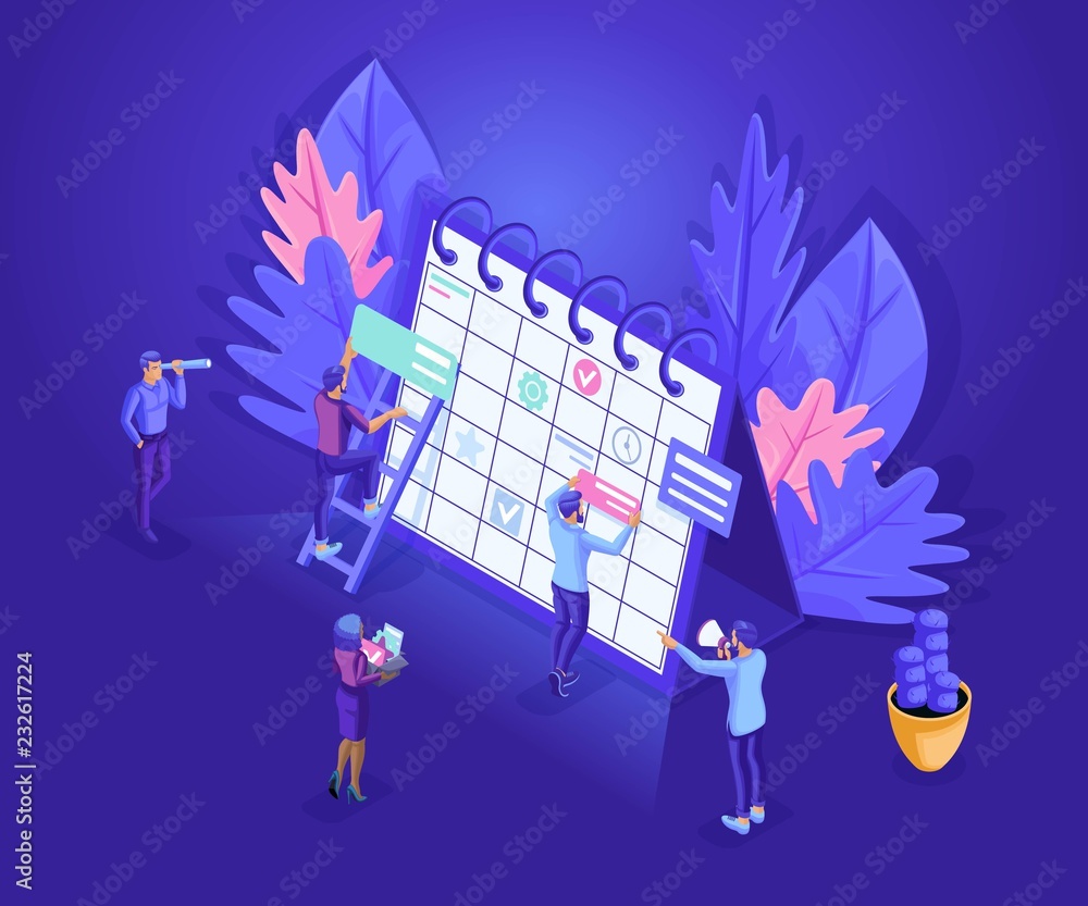 Poster isometrics people work together web industry. little people characters make an online schedule. desi