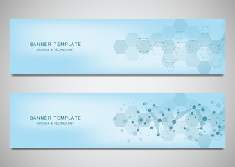 Vector banners and headers for site with molecules background and neural network. Genetic engineering or laboratory research. Abstract geometric texture for medical, science and technology design.