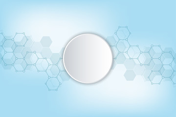 Geometric background texture with molecular structures and chemical compounds. Abstract background of hexagons pattern. Vector illustration for medical or scientific and technological modern design.