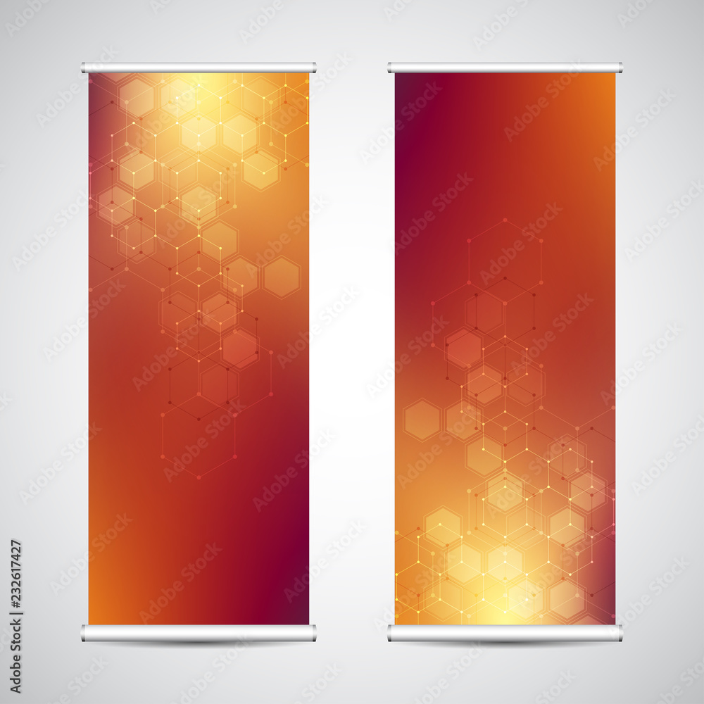 Poster roll up banner stands with abstract geometric background of hexagons pattern. hi-tech digital backgr