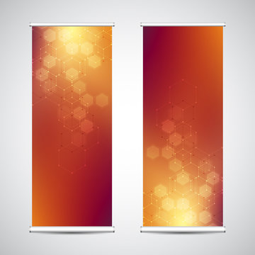 Roll up banner stands with abstract geometric background of hexagons pattern. Hi-tech digital background. Vector illustration for technological or scientific modern design.