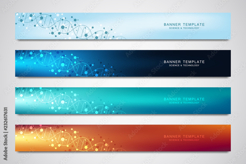 Poster vector banners and headers for site with dna strand and molecular structure. genetic engineering or 