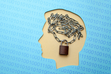 The man in whose head the brain is locked and the chain. The concept of digital security. Closed personal information