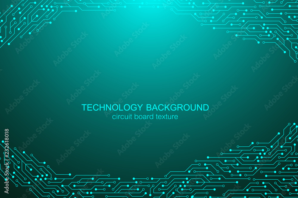 Aufkleber Computer motherboard vector background with circuit board electronic elements. Electronic texture for computer technology, engineering concept. Motherboard integrated computing illustration
