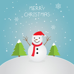Snowman with pines on winter background, Merry Christmas. Vector illustration