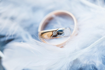 Engagement wedding gold rings on white feathers