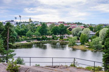 Cityscape of Kotka. Beautiful view of the city from the water Park "Sapoka", Kotka, Finland