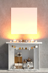 Modern Christmas interior with fireplace, Scandinavian style. Poster mock up. 3D illustration