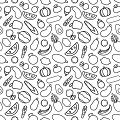 Cartoon cute fruits and vegetables on white background. Seamless pattern. Linear coloring illustration.