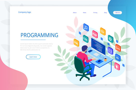 Isometric programmer coding new project. Web developer, programming concept. Landing page or mobile website development template.
