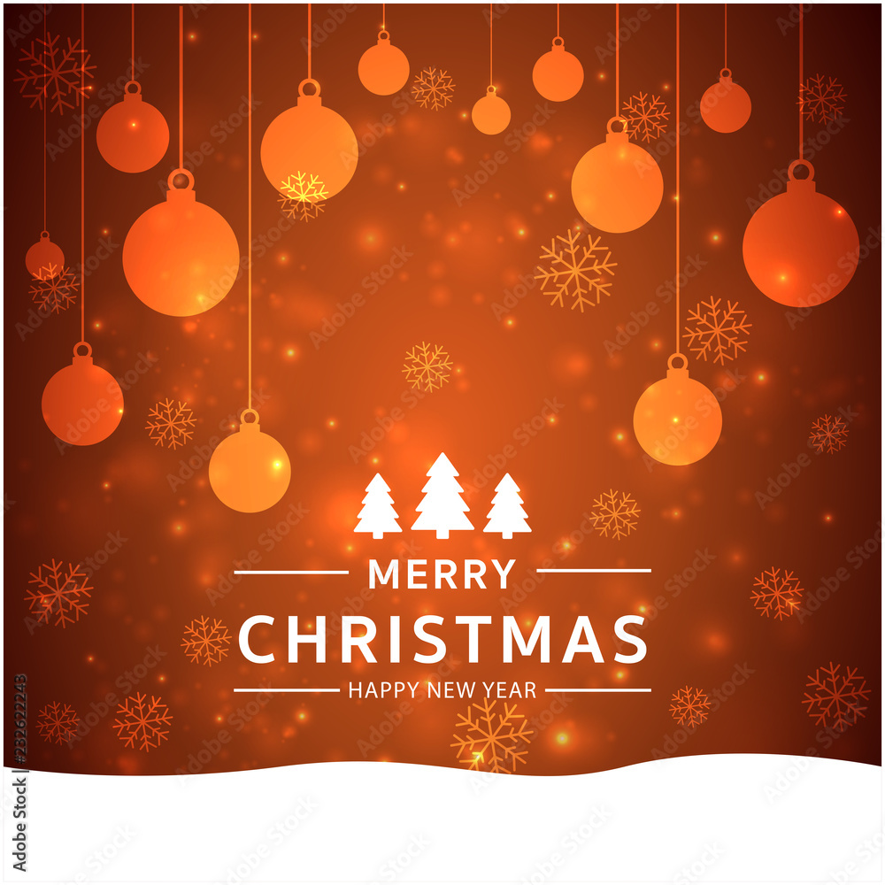Poster merry christmas and happy new year with bokeh and lens flare pattern on summer orange color backgrou