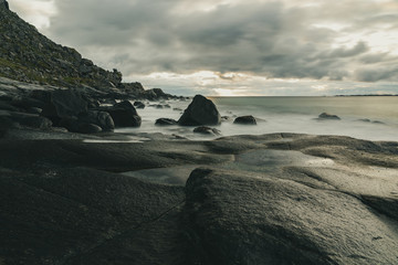 Rocky Uttakleiv beach in Lofoten islands, Norway