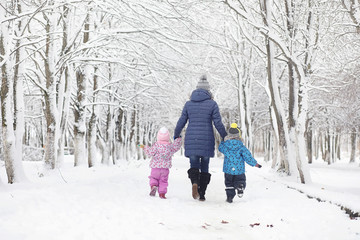 Fototapeta na wymiar Snow-covered winter park and benches. Park and pier for feeding ducks and pigeons.Family on a walk in the snow covered the park.