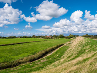 Polder landscape with dike, farmhouse and farmland with ditch on Frisian island Texel,...