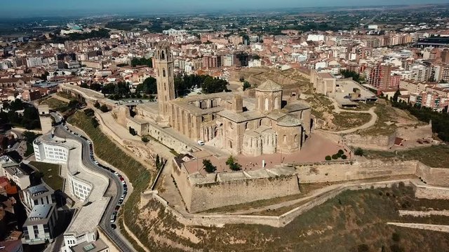 View from drone of Catalan city of Lleida with medieval Cathedral of St. Mary of La Seu Vella 
